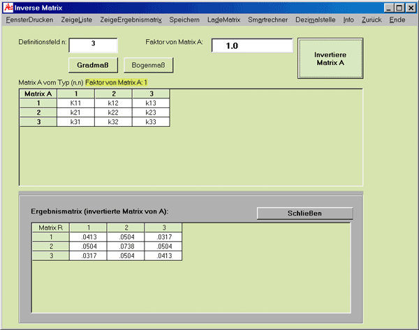 Inverse Matrix: Eingabe und Ergebnis